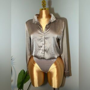 Fashion Nova Taupe Button-Front Satin Bodysuit